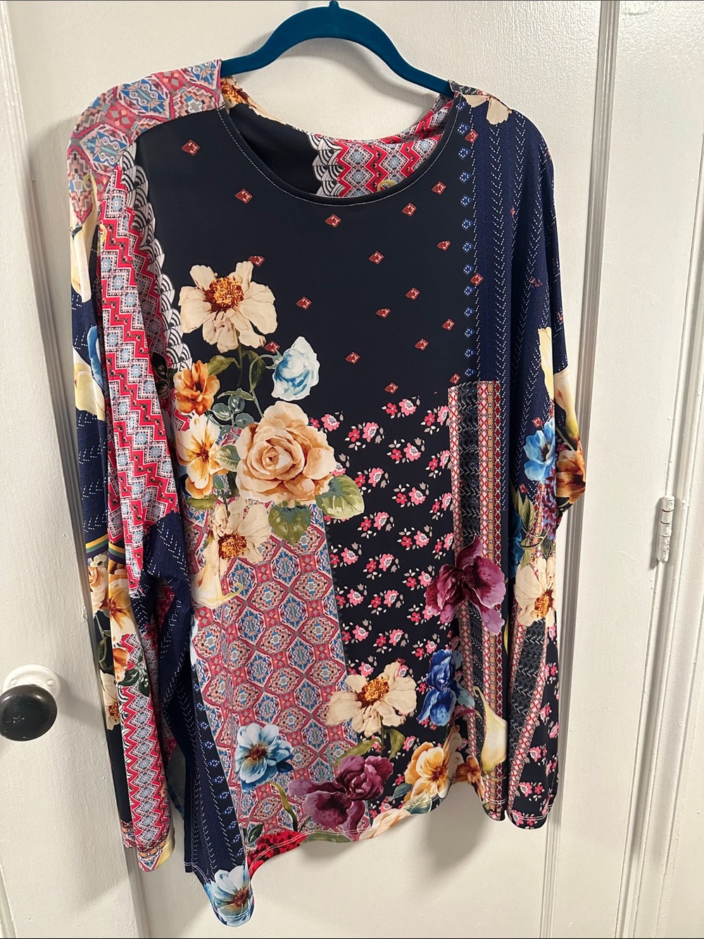 Johnny Was Navy Multicolor Floral Patchwork Long Sleeve Top